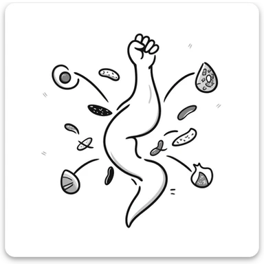 Glowing muscle fibers in the center, with protein foods (meat, egg, beans, tofu, yogurt) floating around but connected to each other forming a unified chain or cluster orbiting the muscle fibers. sticker