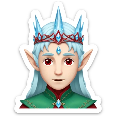 Fantasy elf portrait emoji, icy blue crystal crown with deep red accents, elegant elven features, cold noble winter expression, ice and crimson color palette, minimal clean design, flat readable emoji style, male variant sticker