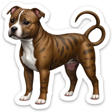 cinematic-[Staffordshire bull terrier]-realistic-full-body-standing-emoji,-tail-resting-loosely-beside-its-paws,-head-tilted-dramatically, -sleek-[brindle]-fur,-simplified-yet-realistic-focused-features,-highly-detailed,-glowing-with-an-almost-sarcastic-glow sticker