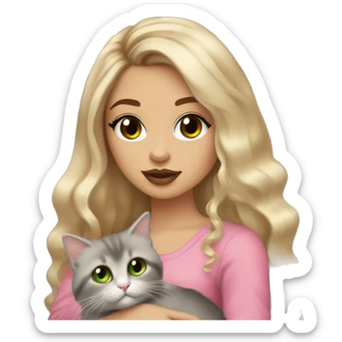 Girl, Blonde colored hair, long hair, Brown Green eyes, wearing false lashes, big pink lips with gloss on it, wearing gold earings, skin tone is Coffee, in her arms Holding a Grey ragdoll cat sticker