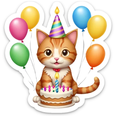 Ginger tabby kitten celebrates birthday, birthday hat, birthday cake, one candle, balloons, happy, gifts sticker
