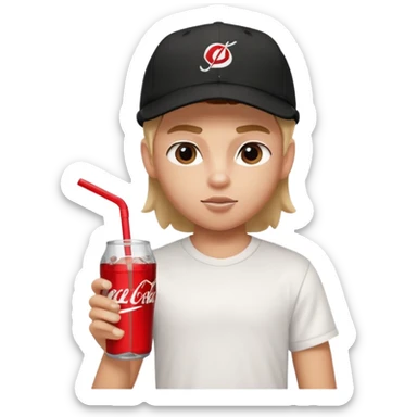 generate a pretty bratz boy with a nike black baseball cap, a white tshirt and drinking coke  sticker