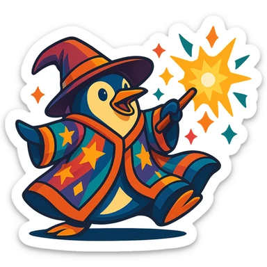 A more colorful version of the penguin wizard with vibrant colors and bright details, maintaining the original style and composition sticker