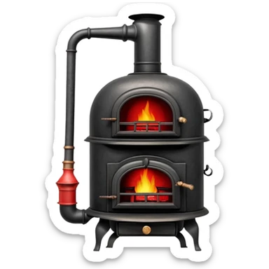 Vintage pot-belly coal stove from early 1900s with chimney pipe, rustic black iron with red glowing coals inside sticker