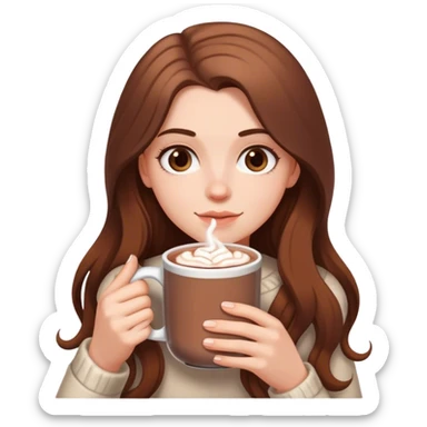 white girl with brown long hair and a hot chocolate sticker