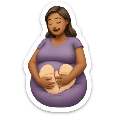 Hands holding a pregnant belly with feet at the top sticker