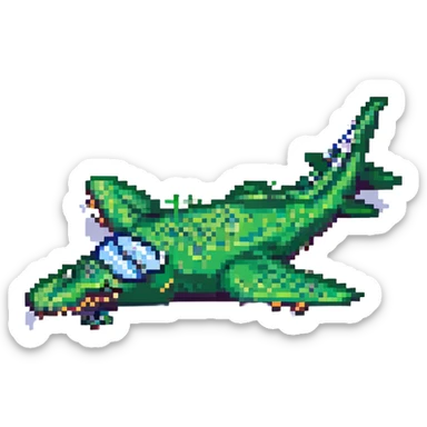 pixel art green crocodile flying next to a cartoon airplane, retro game style sticker