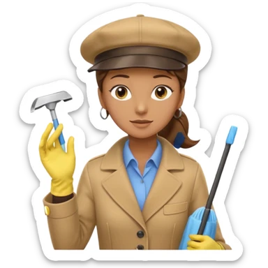 a Detective man with beige hat, a beige coat is interviewing the cleaning Lady with Brown hair, high ponytail and yellow cleaning gloves sticker