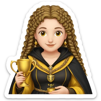 Helga Hufflepuff, 2 curly thick brown braids, yellow-black medieval dress, black cloak decorated with gold braiding, tiny two-handled shiny yellow-gold cup, very kind smile, curvy busty sweet woman, thick rosy cheeks sticker
