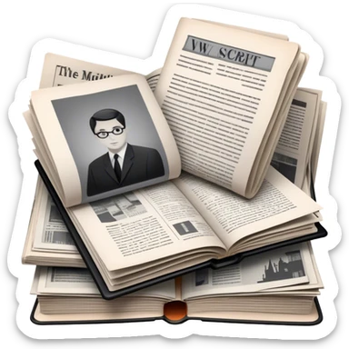 Icon for Non-Fiction & Narrative Reading: an open book with black-and-white photos on the pages, surrounded by a pile of newspaper clippings, and an open folder with top-secret documents. The icon should reflect the blend of real stories and facts in non-fiction literature. Transparent background. sticker