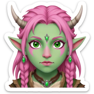 Firbolg girl with green eyes and pink skin portrait sticker