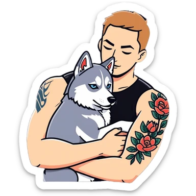 Tattooed arms man hugging a husky sticker