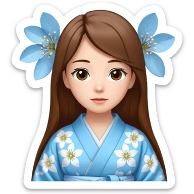 A woman with long brown hair is wearing a light blue kimono with white cherry blossom patterns. sticker