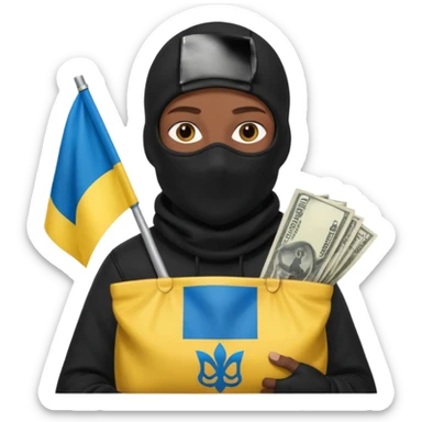 создай украинца в черное одежде и черной балаклаве с большим мешком денег на котором есть флаг страны в руках sticker