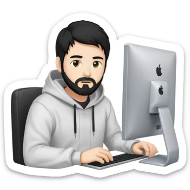 male coder with black hair, beard, and white skin, wearing a hoodie, sitting in front of a computer, focused on coding sticker