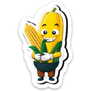 A yellow funny corn with a suspicious smile holding logs in his hands and about to eat them  sticker