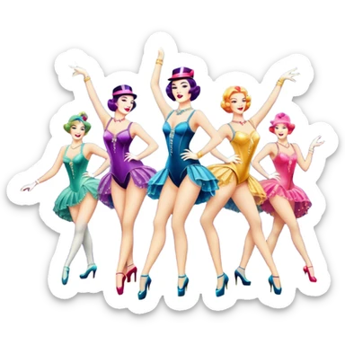 A vintage movie poster-style design inspired by Moulin Rouge. Include glamorous cabaret dancers in extravagant costumes, a colorful stage, sparkling lights, and a sense of drama. The atmosphere should be vibrant, with musical notes in the air. Retro cinematic style. Transparent background. sticker