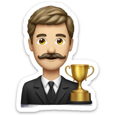mustached man with winner trophy sticker