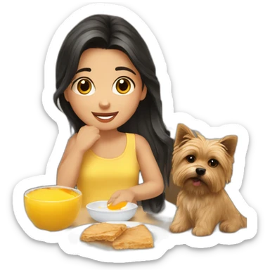 petite girl dark hair making breakfast with norwich terrier sticker