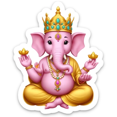A cute and detailed emoji-style Lord Ganesha idol, with an elephant head, big ears, wearing a crown and ornaments, sitting on a lotus, holding a modak, vibrant colors, divine aura sticker