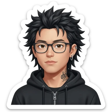 japan boy with spiky long hair and black hoodie zip one-sided earrings tattoo with the word "hope". cool face wear glasses sticker