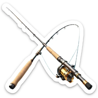 Cinematic Realistic Fishing Rod, sleek graphite rod with a smooth, polished reel, thin line disappearing into a shimmering lake, warm golden sunlight reflecting off the water, glowing with a tranquil and adventurous aura. sticker