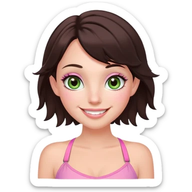fairy woman, soft green eyes, big eyelashes, dark brown bob, brown cheek freckles, big smile, pink halter top sticker