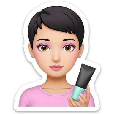 tan girl pink shirt with black hair & a pixie, cut no earrings, doing cute pastel colors skin care sticker