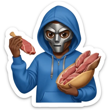 MF DOOM in a blue hoodie holding a piece of meat sticker
