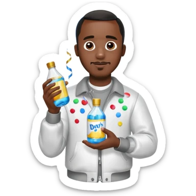 Diddy holding baby oil at a party with balloons and confetti and banners oiled up sticker
