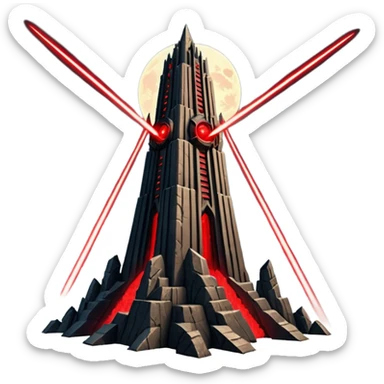 Barad Dúr from Lord of the Rings, Dark, giant Tower, with red laser beams shooting into the sky sticker