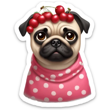 Pug in a cherry costume with headband with cherries on it sticker