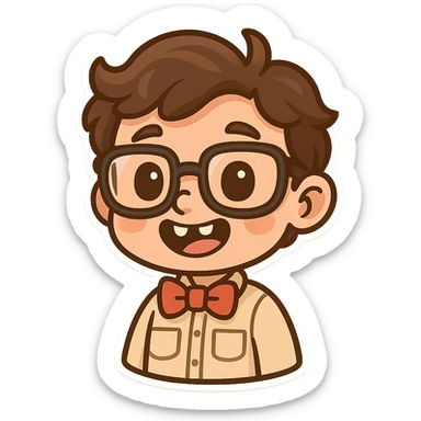 cheerful nerd with bow tie, big glasses, tooth gap, friendly and quirky sticker
