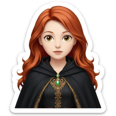 a beautiful woman with long red hair reaching her waist, hazel eyes, and wearing a black cloak sticker