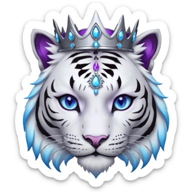 ESO Female white/black tiger khajiit leader of the umbral rose, glowing blue eyes, glowing blue 'third eye' gem; silver crown/tiara with purple gems sticker