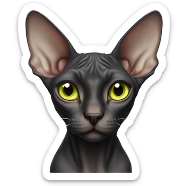 black sphynx cat with a white chest and a white chin with yellowish green eyes sticker