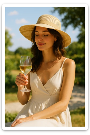 A woman wearing a sunhat holding a glass of wine sticker