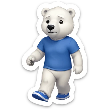 muscular friendly anthropomorphised polar bear walking confidently, wearing a royal blue t-shirt, black pants, and white trainers sticker