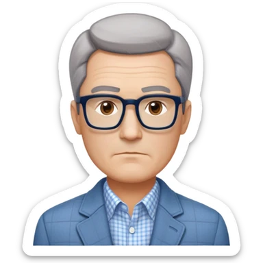 50-year-old man with square face, large dark square glasses, short straight hair combed to the side with some gray. Serious-relaxed expression with subtle age lines. Light gray jacket, white shirt with blue checkered pattern. sticker