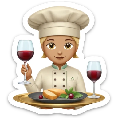 6 luxury catering emojis, 'Epicurea' style: minimalist 3D glassmorphism. Sage, wine, slate colors. Icons: gold chef hat, wine glass, gourmet dish, sparkles, silver tray, 'E' monogram. Clean, professional, transparent BG. sticker