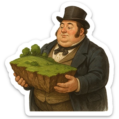 Толстый британский герцог 19 века держит в руках большой пласт земли, слегка рисованный объемный стиль, прозрачный фон sticker