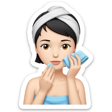 a white woman who has black short hair cleaning her face sticker