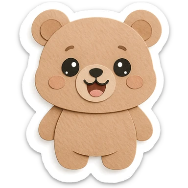 super cute, soft, adorable little bear in paper craft style, soft pastel brown color, happy open-mouth smile, round face, big sparkling eyes, round ears, chubby body, extremely soft and cute expression, clean lines sticker
