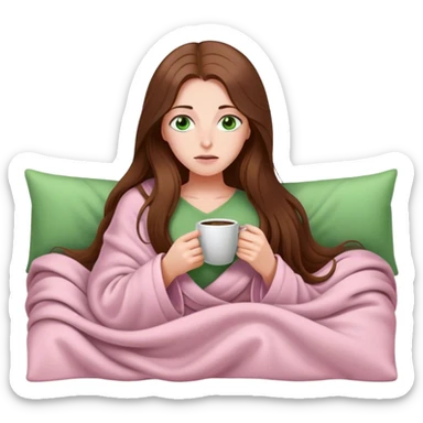 woman with very long brown hair and green eyes in a light pink blanket sleepy with coffee sticker
