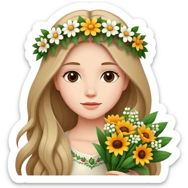 Beautiful girl with long hair and a wreath holding a bouquet of flowers sticker