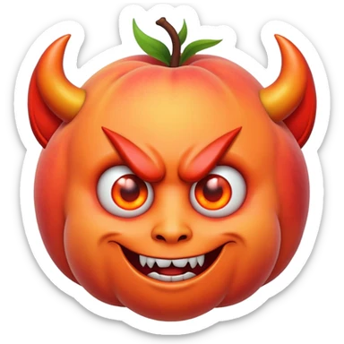 A peach with devil horns and a devil face sticker