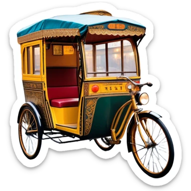 Cyclo rickshaw – Cinematic Realistic Cyclo Rickshaw, depicted as a charming, ornately painted three-wheeled cycle taxi with vintage detailing, set on bustling city streets under dynamic urban lighting that evokes cultural heritage and nostalgic charm. sticker