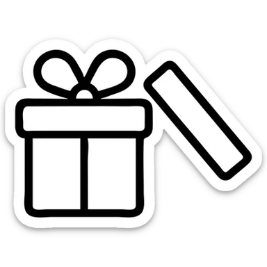 an open gift box with a lid beside it, black outlined icon style, no fill, minimalistic sticker