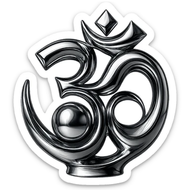 Place a luminous chrome sphere in the center of the abstract Om symbol, keep the style swirling and metallic, with no background. sticker