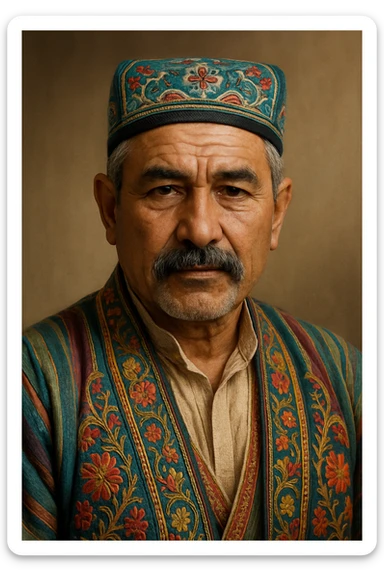 Uzbek man in Uzbek hat sticker